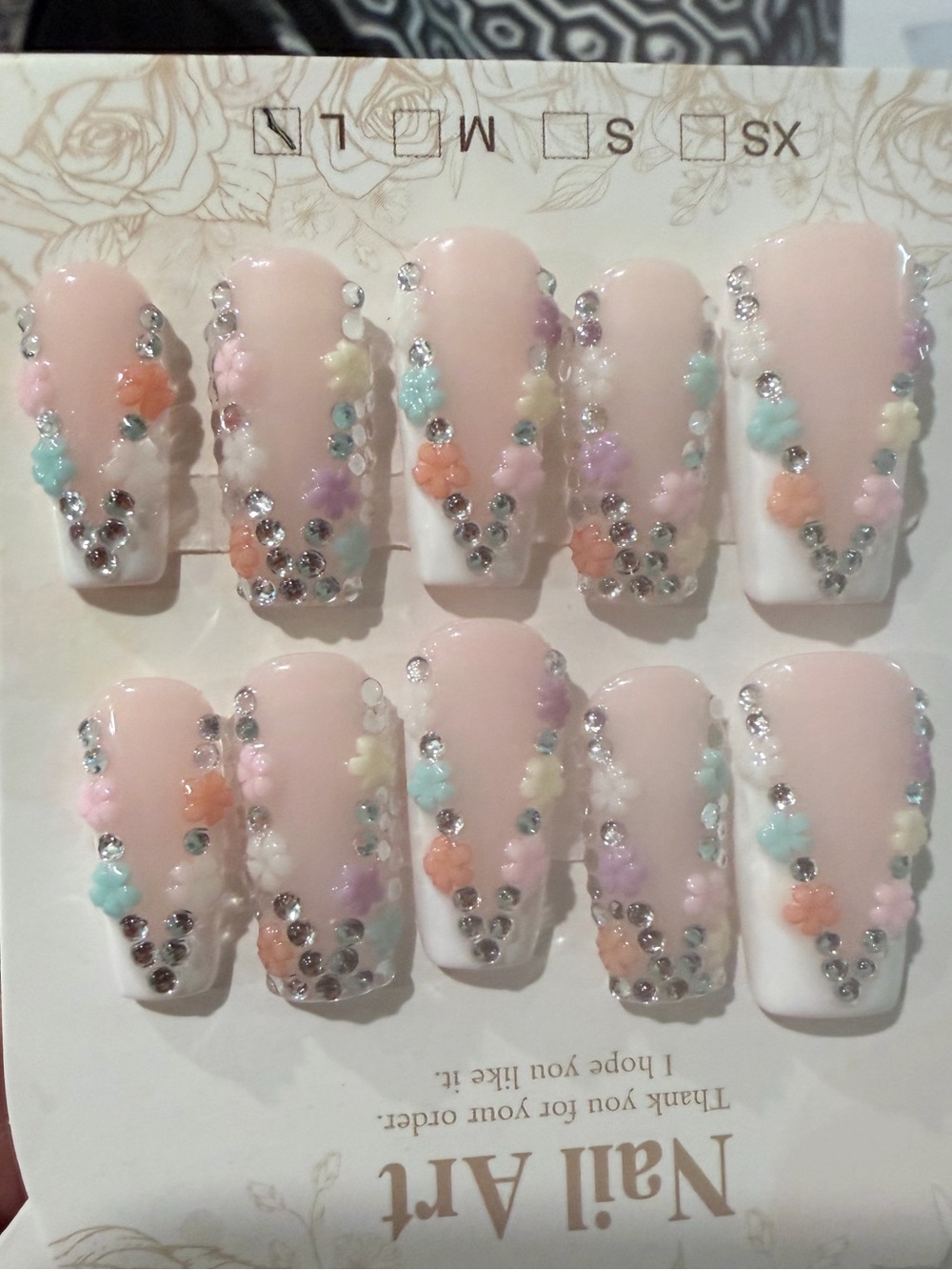 Handmade acrylic Press-On Set - Pastel Embellished 3D flowers and rhinestone